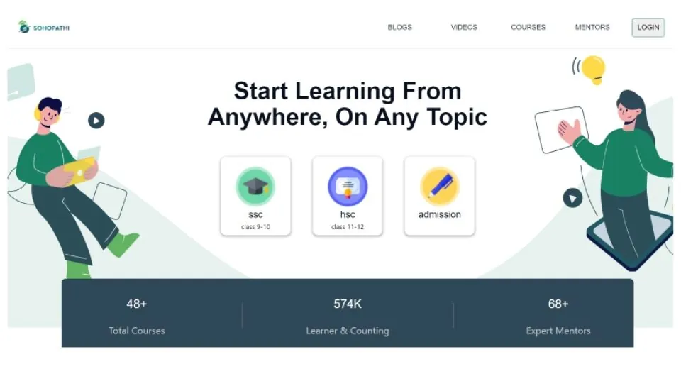 The sohopathi.io home page: "Start Learning From Anywhere, On Any Topic", with SSC, HSC and admission tracks and counters for courses, learners and mentors.