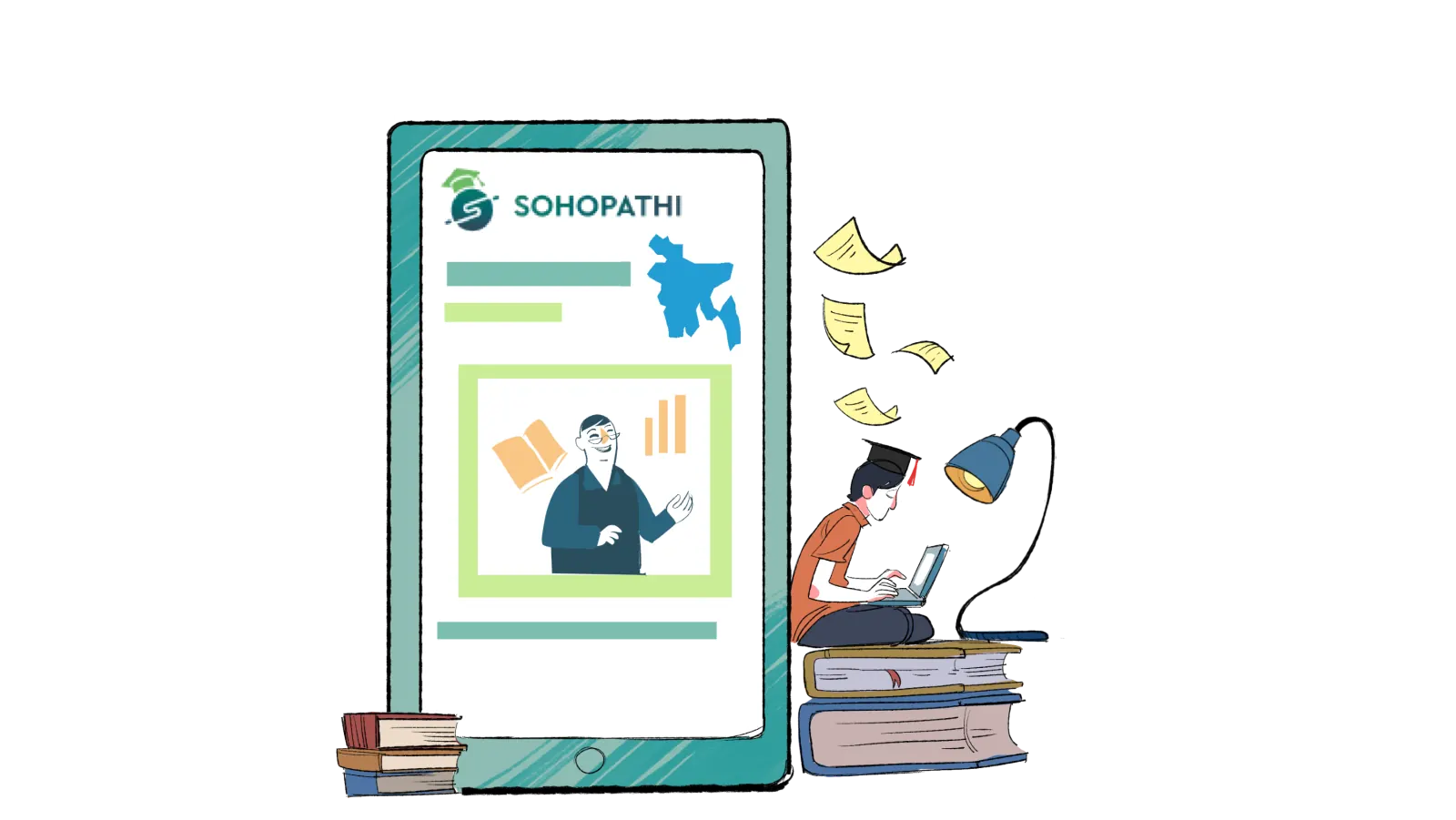 Illustration of a tablet showing the Sohopathi app next to a student reading on a pile of books.